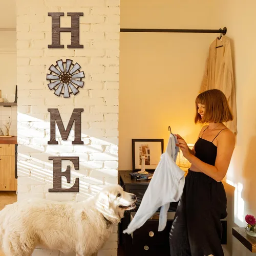 Vista 5 de VGICH Decoración de pared para el hogar, letreros rústicos con molino de viento de madera para sala de estar, juego de 4 letras decorativas