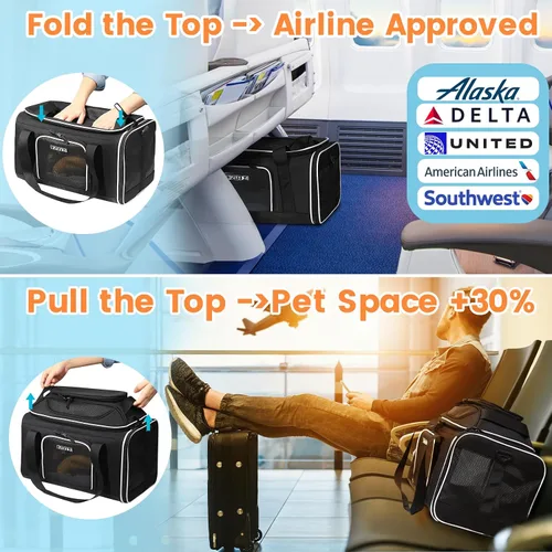 Vista 2 de Petskd Transportador de mascotas extensible superior de 17 x 11 x 9.5 pulgadas, aprobado por aerolíneas de Alaska, transportador de lados suaves