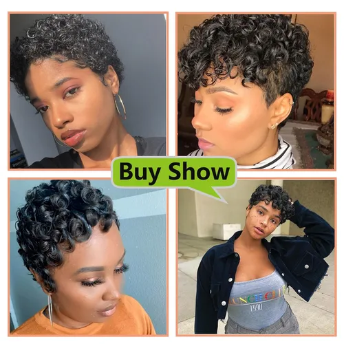 Vista 6 de Pelucas cortas Pixie para mujeres negras, corte Pixie negro natural, pelucas cortas y rizadas afroamericanas, pelo sintético con flequillo