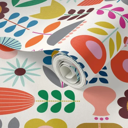 Vista 2 de Spoonflower Despegar y pegar papel tapiz Muestras - Mod Jardín escandinavo Scandi Arte Flores Margarita Azul Marino Naranja Rosa Vivero Floral