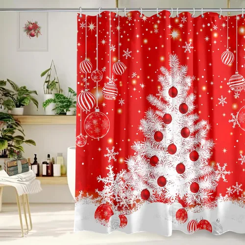 Vista 18 de Cortina de Ducha Feliz Navidad 72x72 Pulgadas Cortinas de Ducha de Reno Navideño para Baño con Ganchos Decoración Navideña de Baño Hogar Vacaciones