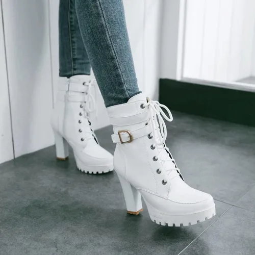 Vista 8 de MIOKE Botines elegantes con plataforma de punta redonda para mujer, con cordones, cierre de cremallera, tacón alto, botines cortos