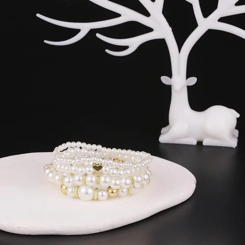 Vista 2 de Pulseras de perlas para mujer, pulsera de perlas de imitación con cuentas de perlas blancas, juego de pulseras elásticas apilables, pulseras