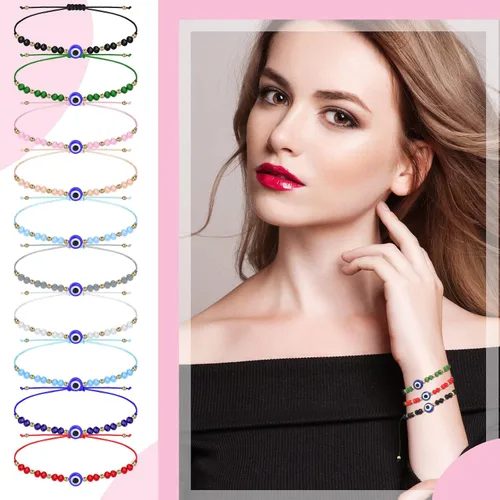 Vista 5 de WILLBOND 60 pulseras de ojo malvado pulseras mexicanas con nudo de cuerda pulseras de cuentas ajustables pulseras de eslabones de la suerte