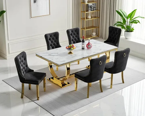 Vista 15 de Juego de mesa de comedor de mármol para 4, mesa de cocina rectangular de mármol blanco de 70 pulgadas con base en O de acero inoxidable dorado