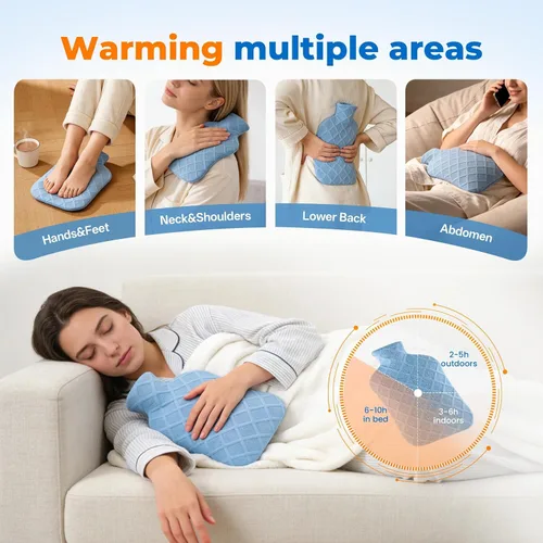 Vista 3 de Botella de agua caliente con tapa suave, bolsa de agua caliente de 2 L, terapias calientes y frías para dolores musculares, calambres menstruales