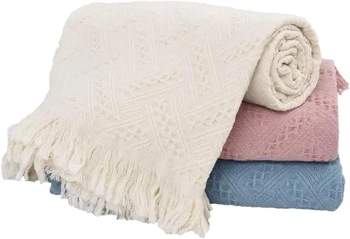 Vista 7 de Simple&Opulence Manta 100% algodón para cama, sofá, manta tejida geométrica de lujo bohemia con borlas, suave, ligera, acogedora, transpirable