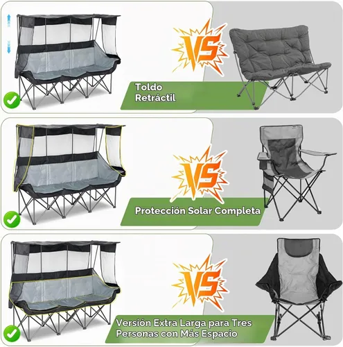 Vista 4 de Silla de campamento de gran tamaño para 3 personas con toldo totalmente acolchada para exteriores, plegable, apta para acampar al aire libre, césped