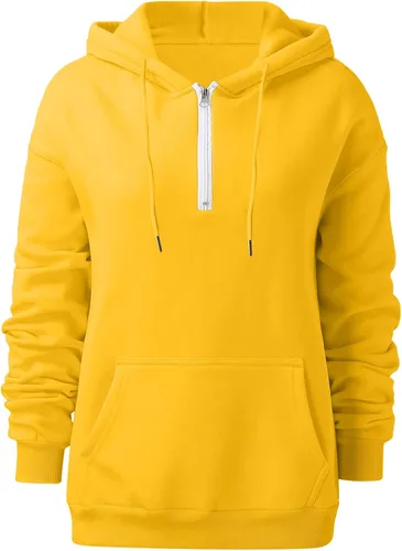 Vista 4 de Sudaderas con capucha y cordón para mujer, estilo casual, con capucha, cuello con cremallera, manga larga, sueltas, Beige