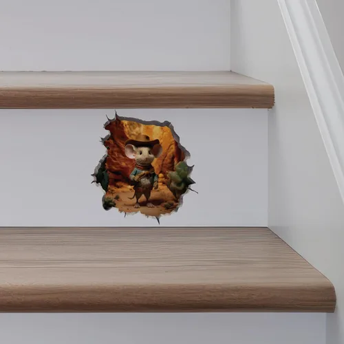 Vista 5 de Adhesivo de pared 3D con agujero de ratón de vaquero y ratón