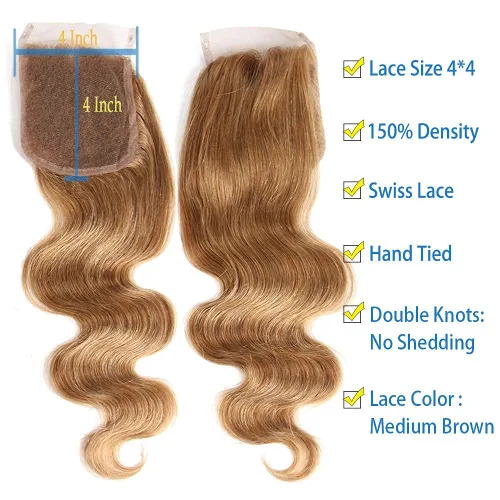 Vista 3 de X-TRESS Cabello humano con cierre rubio miel 4x4, prearrancado con abuelitos, encaje transparente 4x4, parte libre blanqueada, cabello natural