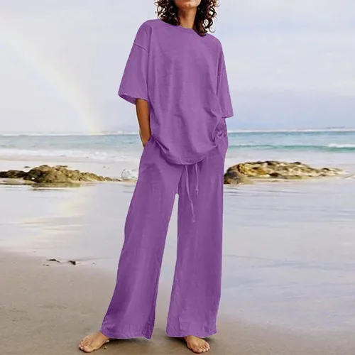 Vista 38 de Conjuntos de verano de 2 piezas para mujer, conjuntos elegantes y casuales de color liso, para verano, otoño, cuello redondo, tops y pantalones