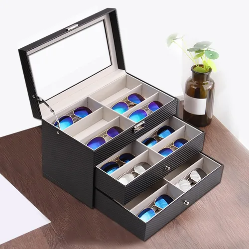 Vista 6 de Nicunom Organizador de lentes de sol con 18 ranuras para coleccionista gafas de sol caja de almacenamiento de gafas con cajón con cerradura