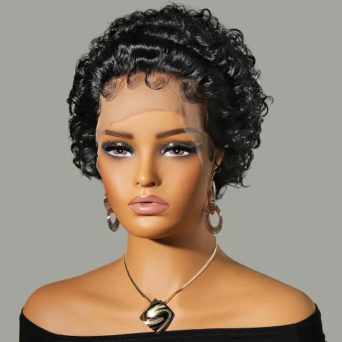 Vista 5 de Pelucas de corte Pixie, pelucas rizadas con encaje frontal para mujeres negras, pelucas de cabello humano corto, pelucas de cabello humano