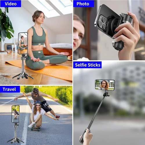 Vista 3 de Soporte de trípode Magsafe para iPhone, portátil de tamaño de bolsillo para selfie con control remoto recargable y anillo de metal, trípode