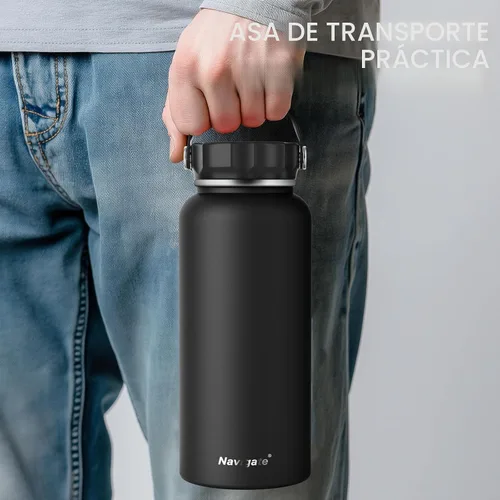 Vista 6 de Navigate Botella de agua aislada de 32 oz para deportes, mantiene el frío Negro