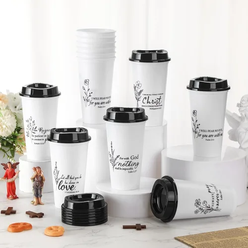 Vista 3 de 12 vasos de plástico con versículos de la Biblia, 16 onzas Negro/Blanco