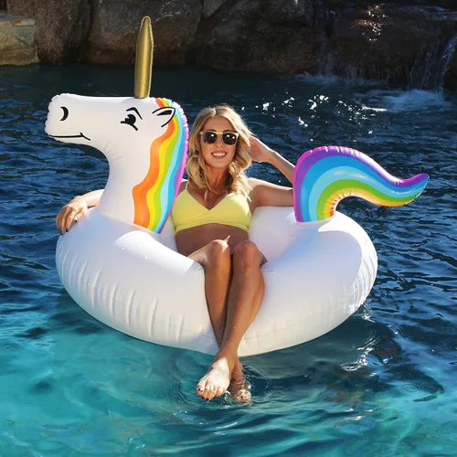 Vista 2 de GoFloats Flotador de piscina de unicornio para fiesta, balsas inflables, adultos y niños