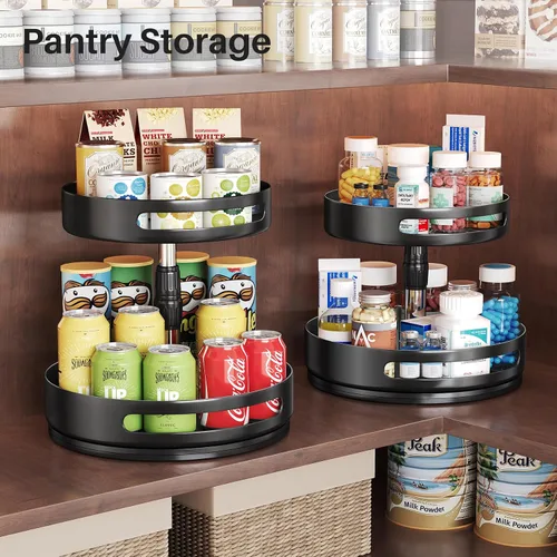 Vista 7 de Organizador Lazy Susan para Especias con Estante - Organizador de Especias Ajustable en Altura de 2 Niveles para Gabinete, Organizador de Especias