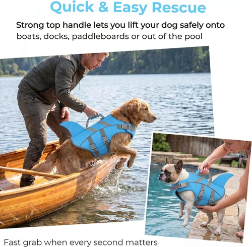 Vista 4 de Dogcheer Chaleco salvavidas para perro, tiburón, chaleco salvavidas reflectante para nadar en barco, chaleco de natación ajustable para cachorros