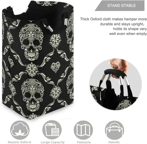 Vista 3 de visesunny Cesta plegable para ropa sucia con diseño de calavera, color negro, grande, de tela Oxford, organizador de juguetes con asa para baño