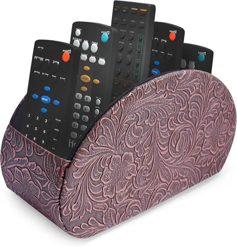 Vista 24 de QIELIZI Soporte para control remoto, organizador de escritorio de piel sintética con 5 compartimentos espaciosos para controles remotos de TV