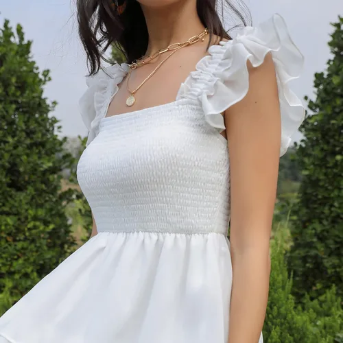 Vista 7 de Byinns Vestido corto sin mangas con cuello cuadrado para mujer, cintura alta, espalda descubierta, escalonado, tirantes fruncidos, casual, corto