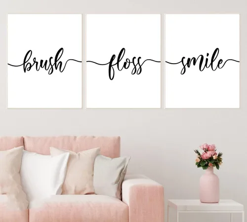 Vista 2 de NATVVA 3 piezas de lienzo con cita de sonrisa, pintura de pincel, hilo dental, póster de sonrisa con cita dental, impresiones artísticas de pared