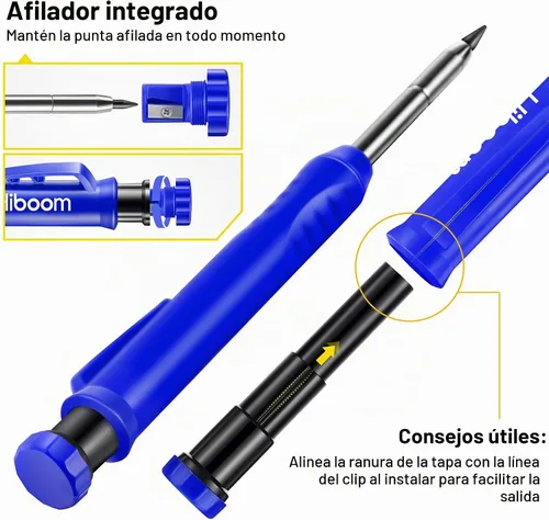 Vista 4 de Hiboom Paquete de 2 lápices de carpintero sólidos con 14 repuestos, marcador mecánico de punta larga con afilador integrado para carpintero