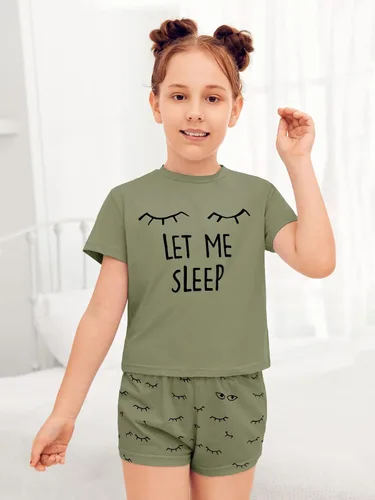 Vista 4 de Kingdenergy Conjunto de 2 piezas de camiseta y pantalón corto para niñas Verde militar