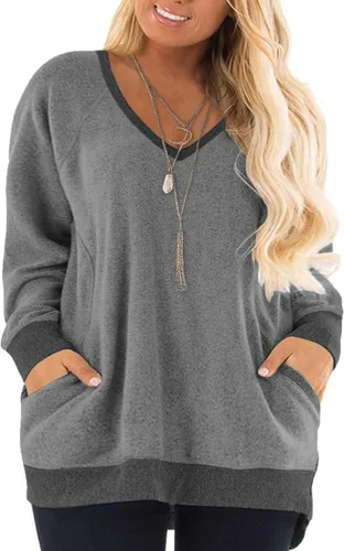 Vista 15 de DOLNINE Sudaderas de talla grande para mujer, con bloques de color, manga larga, con bolsillo 01_ negro
