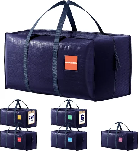 Vista 18 de Paquete de 6 bolsas de mudanza con cremallera lateral completamente abierta, extra grandes de 93 L, resistentes al agua, plegables para Negro