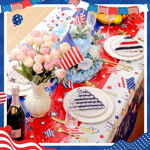 Vista 5 de Buryeah 3 Pcs Patriotic Tablecloth 54 x 108 Inch Plastic Tablecloth Red White Blue American Flag Rectangular Table Covers for 4th of July Memorial