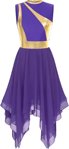 Vista 30 de Vestido de mujer de alabanza litúrgica con bloques de color, sin mangas, con dobladillo irregular, de estilo lírico para danza Borgoña