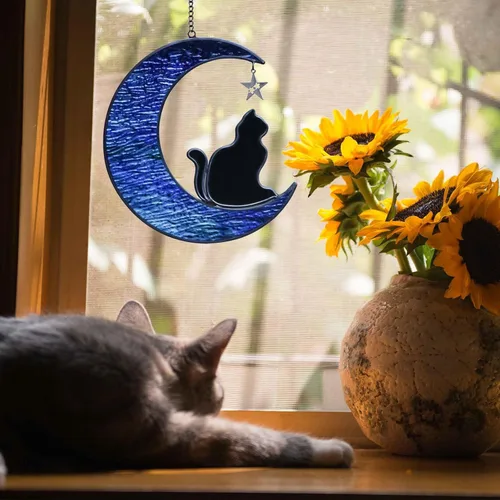 Vista 3 de Regalos conmemorativos para gatos por pérdida de gato, gato en luna, vitrales colgantes para ventanas, atrapasoles, regalos conmemorativos hechos a