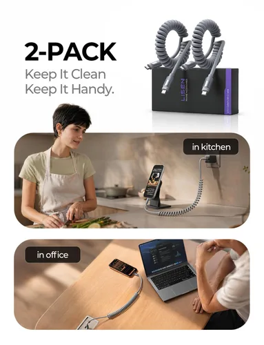 Vista 9 de LISEN Paquete de 2 cables USB C en espiral de 60 W, cable C a C de carga Gris espacial