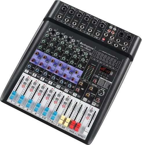 Vista 2 de Consola de Mezclador de Audio Profesional Bluetooth de 8 Canales para DJ, Grabación USB MP3, 6 Entradas XLR para Micrófono, 7 Bandas EQ, 48V Phantom