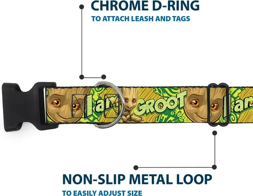 Vista 5 de Marvel Comics - Collar para mascotas, collar de perro, hebilla de plástico, Baby Groot Pose Face I Am Groot Browns Greens Yellows, 9.5 a 13