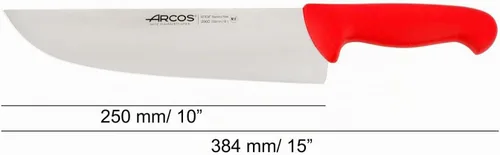 Vista 2 de Arcos Cuchillo de carnicero de acero inoxidable de 9 pulgadas. Cuchillo de cocina profesional para cortar carne, pescado y verduras. Mango Rojo