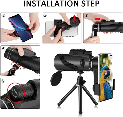 Vista 2 de 12 * 50HD monocular Telescope with Smartphone Adapter, Tripod, high Power monocular, Lightweight monocular Telescope for Bird Watching Trips Green