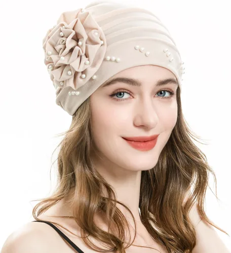 Vista 15 de ZLYC Gorro de verano para mujer, gorro elástico de quimioterapia con flores Blanco floral