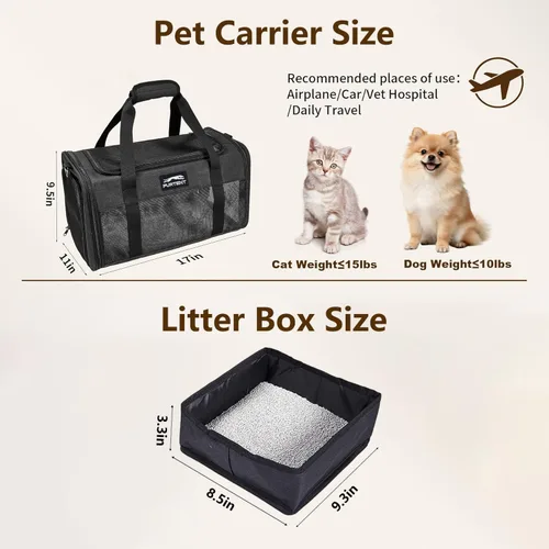 Vista 2 de Transportador de mascotas aprobado por la TSA para gatos pequeños y cachorros, de lados suaves y plegable, transportador de gatos y perros para Negro