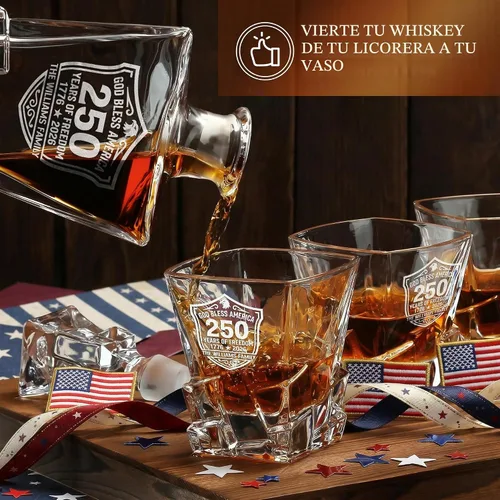 Vista 5 de Juego de decantador de whisky personalizado para el 250 aniversario Rocks, regalo de independencia de Estados Unidos 250 para hombres, nombre