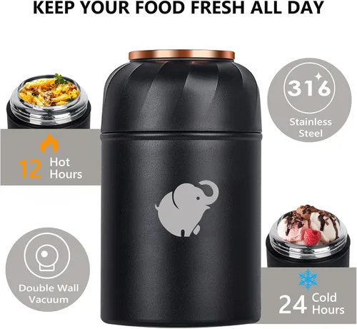 Vista 2 de HOUSETEC Termo para comida caliente – Contenedor de alimentos aislado con tenedor y cuchara plegable, termo de alimentos a prueba de fugas