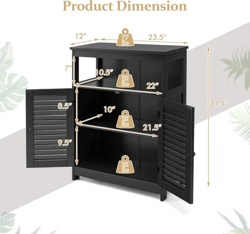 Vista 3 de COSTWAY Armario de almacenamiento para baño, organizador de almacenamiento lateral de madera con puertas de rejilla y estante extraíble, gabinete