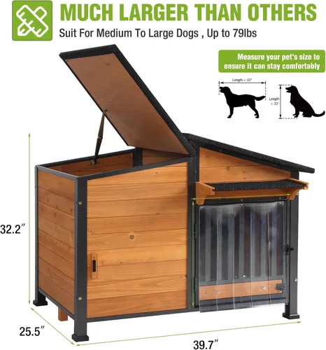 Vista 4 de Casa para Perros Exterior Perrera para Perros con Marco de Metal a Prueba de Masticación, Cuenco Giratorio para Alimentos, Cortina de Puerta de PVC
