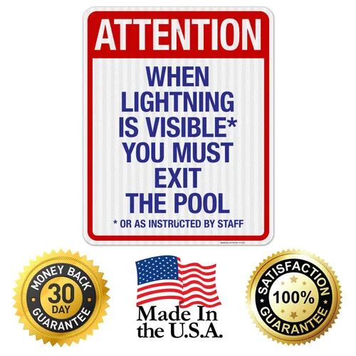 Vista 16 de Letrero con texto en inglés "Attention When Lightning is Visible You Must Exit The Pool - Letrero de piscina, 10 x 14 pulgadas, libre de óxido
