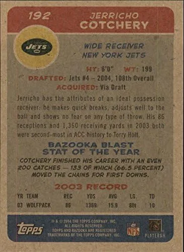 Vista 2 de 2004 Bazooka Minis #192 Jerricho Cotchery NFL Football Trading Card