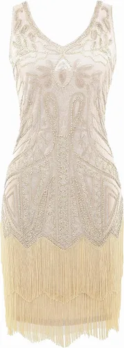 Vista 4 de BABEYOND Vestido de mujer con estilo charlestón de los años 20, cuello en V, con cuentas y flecos, estilo Gran Gatsby
