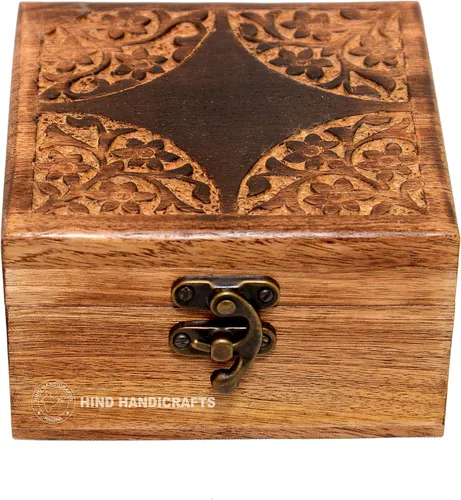 Vista 14 de Urna de madera antigua hecha a mano con grabado del árbol de la vida tallada a mano para mujeres y hombres, joyas Acentos de decoración del hogar